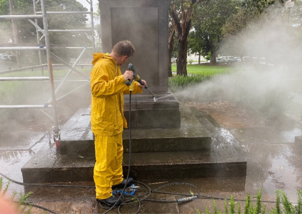 Pressure steam cleaning of the Kogarah War Memorial. 