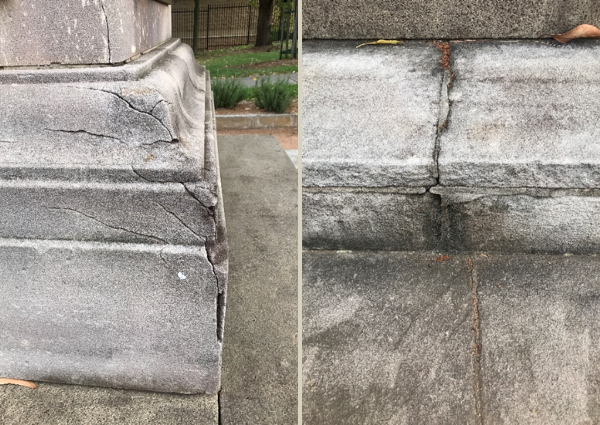 Cracking and broken stonework and joints before conservation. 