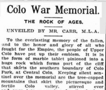 Colo War Memorial, The Rock of Ages, unveiled by Mr Carr, M.L.A