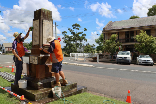 Restoration work underway on the Morpeth War Memorial.