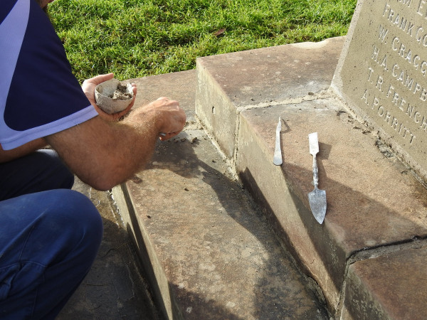 Repointing work underway on the Celtic Cross War Memorial, Gosford.
