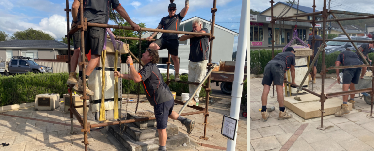During conservation – the team from Capital Stonemasonry move the memorial onto 